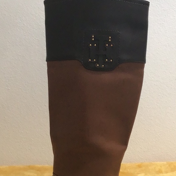 EUC. TOMMY HILFIGER Buckle Faux Leather Two-Tone Tall Riding Boots Side Zipper - Picture 7 of 16